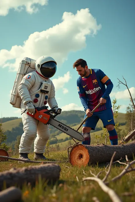 eate a photography of an astronaut and Lionel
Messi wearing barcelona jersey on a farm, working together to
chop down trees using chainsaw. Picturesque rural landscape with a blue sky and fluffy clouds. The scene convey
Cresasense o teamwork and camaraderi...