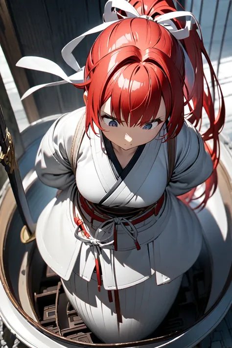 Front view、Figure looking down from above、Hands clasped behind back、Girl Swordsman 、 White Kimono 、Red Hair、 ponytail、 white ribbon