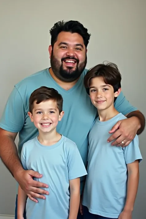 A chubby dad with black hair without a beard wearing a light blue t-shirt with a skinny and tall son in a light blue shirt and another chubby son in a light blue t-shirt