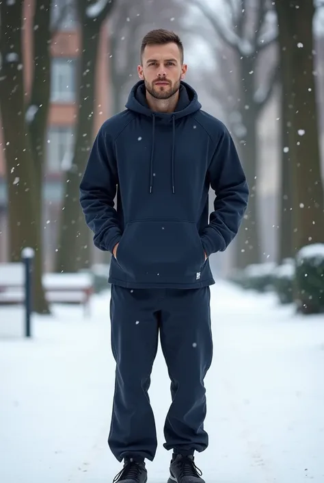 A European-looking man with short hair, dressed in a dark blue sports outfit consisting of a lightweight hoodie without a zipper and slightly loose pants. He is wearing black winter sneakers and standing in a snow-covered urban park. The scene is serene, w...