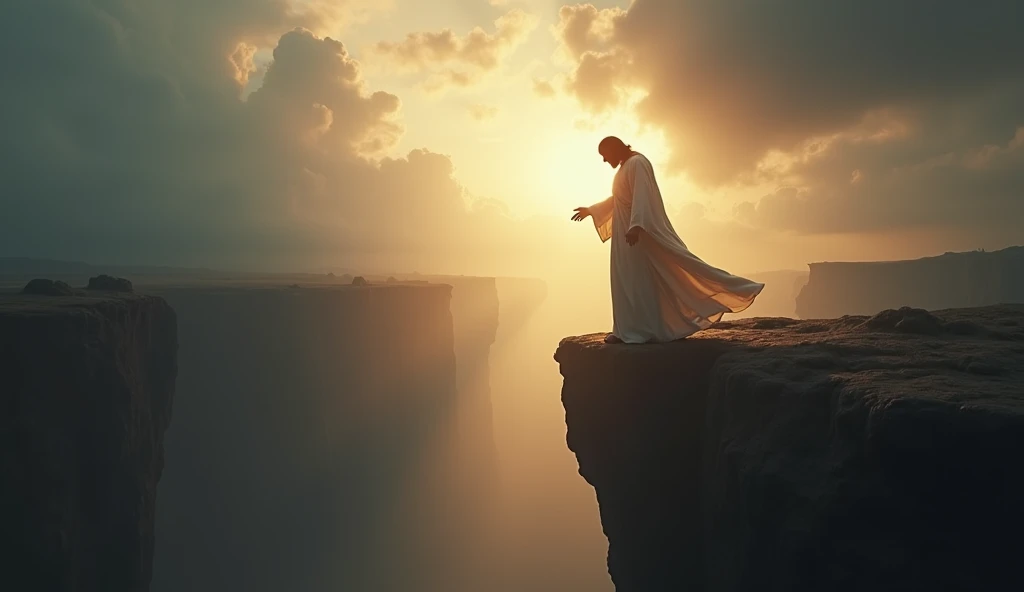 "A powerful and emotional scene of Jesus reaching out to save a man who is on the edge of a deep, dark abyss, about to jump. The man is depicted with his head bowed in despair, standing precariously at the edge, with the abyss symbolizing hopelessness and ...