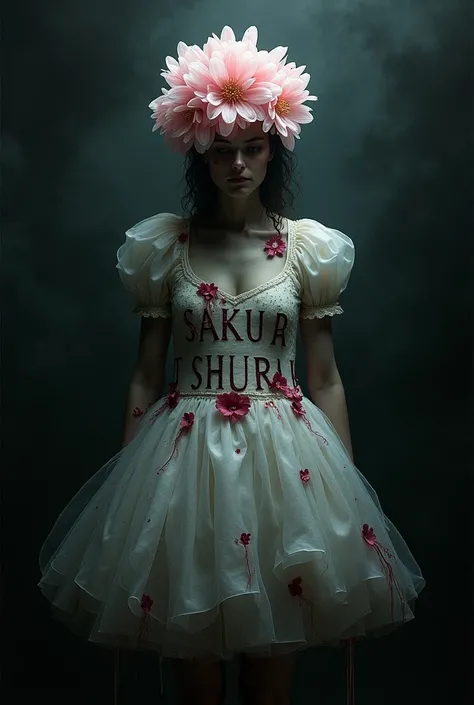 Image of the Sakura flower that has Stockholm syndrome that is scary and that has darkness that has a person with injuries and that covers his face with the Sakura flower that has a dress that has the title Sakura in larger capital letters in the middle