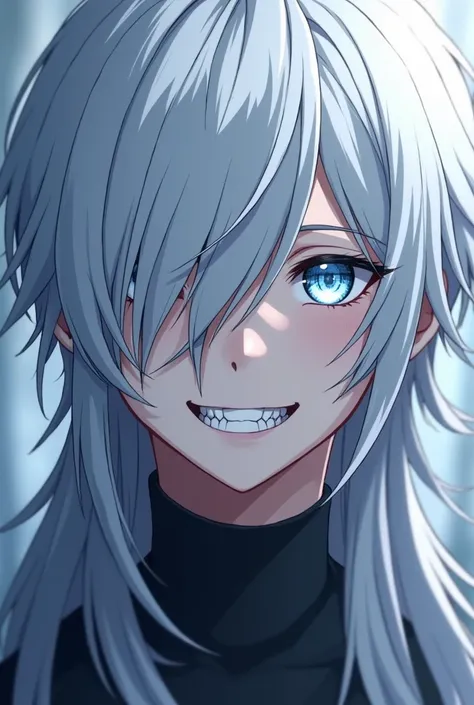  Create an anime character Man with bangs that covers the entire part of his face , Are you  with white hair and light blue eye color ,  but whose eye does not appear and only his smile appears and that the smile is cute with small fangs