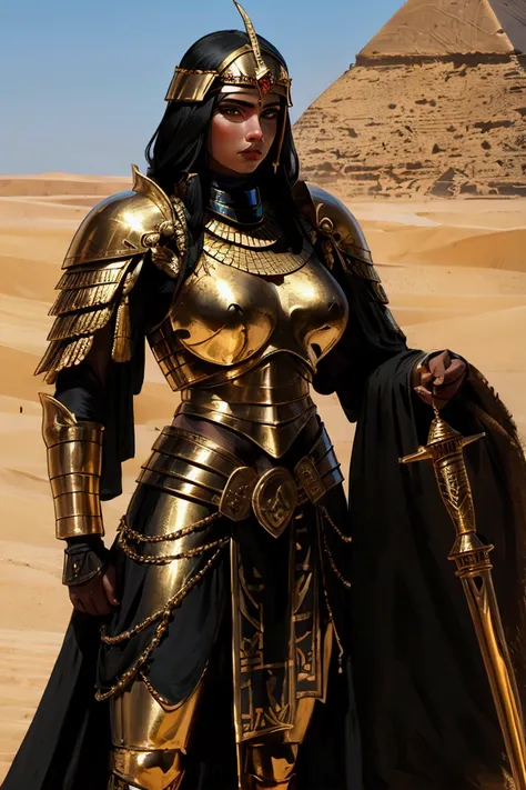 medieval dark fantasy, female Babylonian warrior, black hair, eagle helmet, egyptian-like armor, in the desert