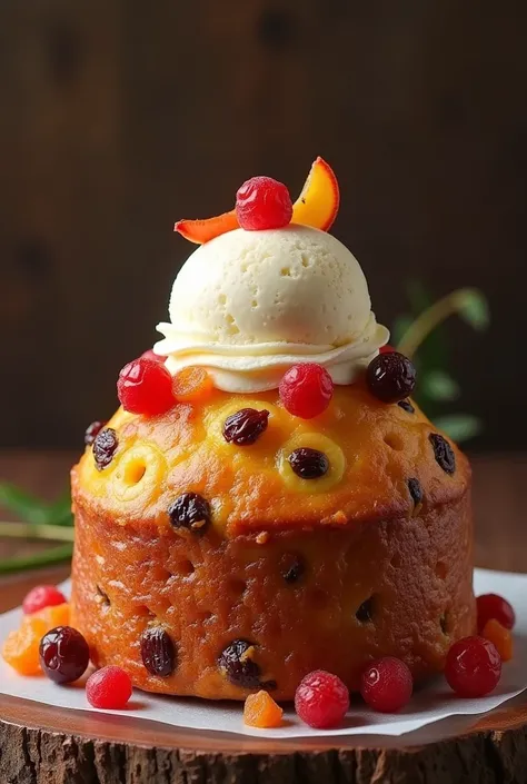  Typical Peruvian panettone with raisins and fruits embedded in the panettone and that an ice cream ball fills on top of the panettone and that this ball has some candied fruit on top as well.