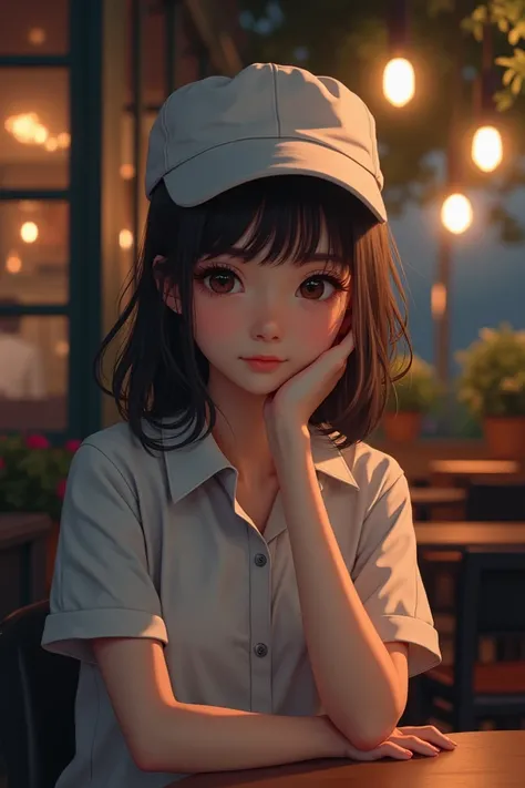 Girl with white shirt and white cap in the night at cafe