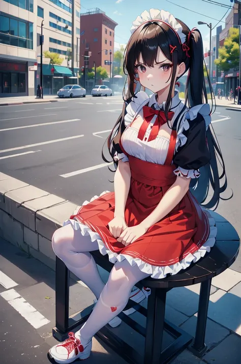 a solo cute boy ,sexy boy ,trap ,long twintail hair ,wearing a japan maid dress,black pantyhose,wearing a white sneaker ,black eye ,eye makeup ,shy ,embrassed ,red face, small breast ,sitting on platform on the street in downtown city at afternoon time , c...