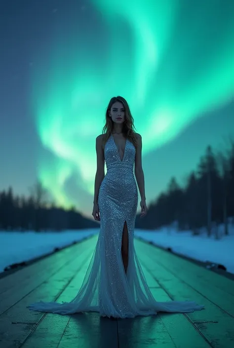 a woman on a runway in front of a northern night wearing a silver dress with glitters looking straight ahead 