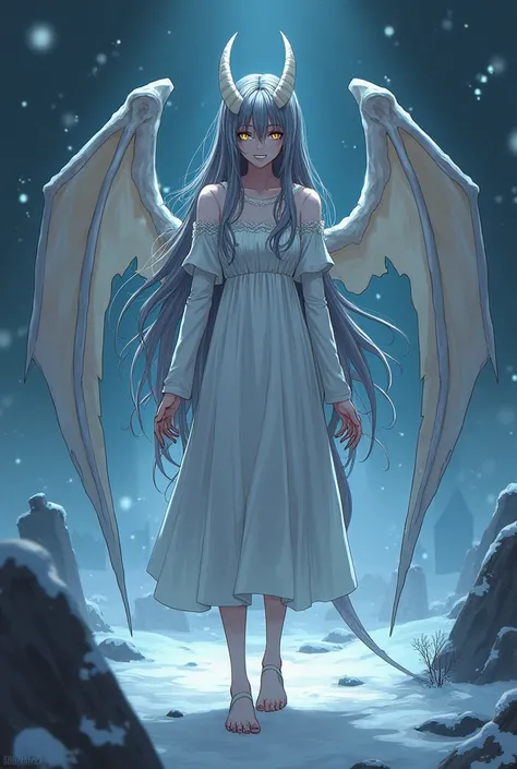 A pair of skeletons、 Gray long hair 、 golden eyes 、 A pair of thin white dragon horns  、Long tail bone 、  a pair of huge bone wings   、Tall and thin、 small tits、 wearing a long-sleeved white lace dress、barefoot、Laughing 、Revealing the Glow、Bleeding Tears 、...