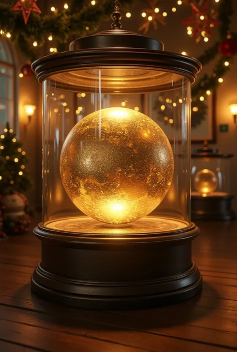 a display case containing a shiny gold sphere, In a Christmas bunker 