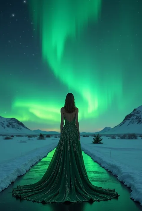 a woman on a runway in front of a northern night wearing a sparkly emerald dress