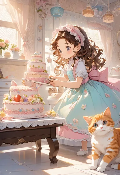 A cat and a curly-haired woman are making a cake、Lace pattern background