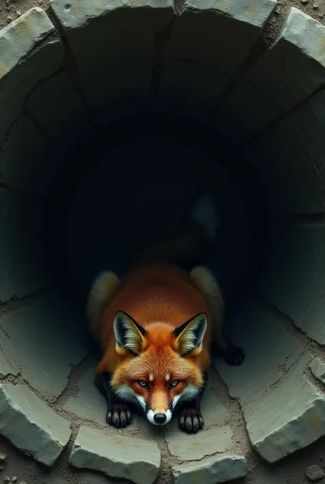 A fox is lying in a well. The well is circled. He is lying deep in the well. He is looking down at the well.