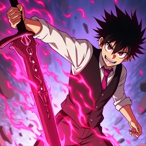 "Create an intense anime-style illustration of a young male character wielding a dark, sinister sword radiating fiery crimson and violet energy. The character, dressed in a sharp vest and tie, has glowing red eyes and a wicked grin, exuding a sense of powe...