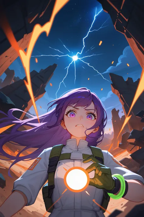 Solo, upper body, from below, nervous expression, Girl harvesting onyx cystal formation with saw blade, sparks, purple eyes, purple hair, long hair, hair blowing in wind, swept, bangs, thin, green tinted goggles, wearing white jumpsuit, large backpack, bra...