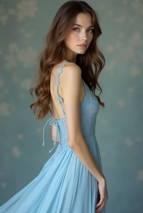 Brunette woman wearing light blue dress sideways