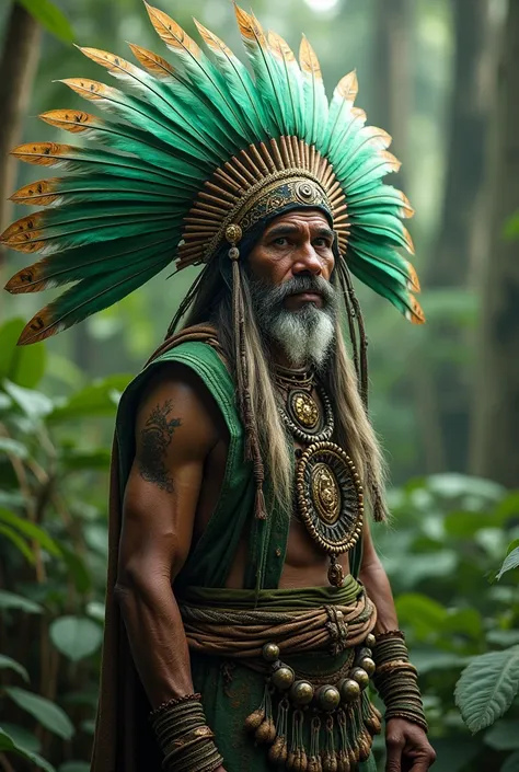 An indigenous man wearing a large green and white headdress, a symbol of a folkloric group called the Aruã