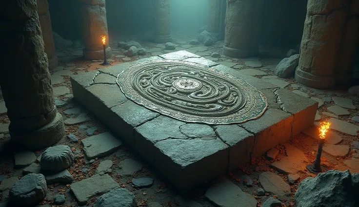 A massive stone slab lies at the center of the ruin, its surface etched with intricate carvings of serpents coiling around ancient symbols. The stone is partially cracked, and faint light from the torch reflects off its uneven surface. Around it, the groun...