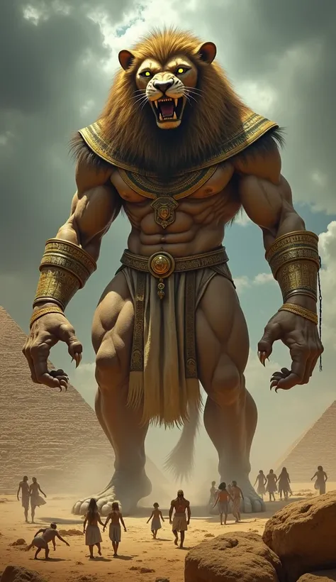 A terrifying hybrid creature combining elements of a colossal ancient Egyptian man and a majestic lion. The creature has the muscular body of a human adorned with traditional Egyptian attire and ornate jewelry, but its head is that of a ferocious lion with...