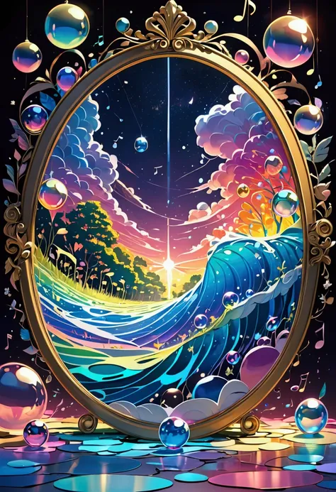 A cross-fade of two images, one of stars and musical notes created through a fusion of paper cutting and shadow art, the other of iridescent soap bubbles raining from the sky and gushing out of the ground, background sparkling beautiful mirror, bold and dy...