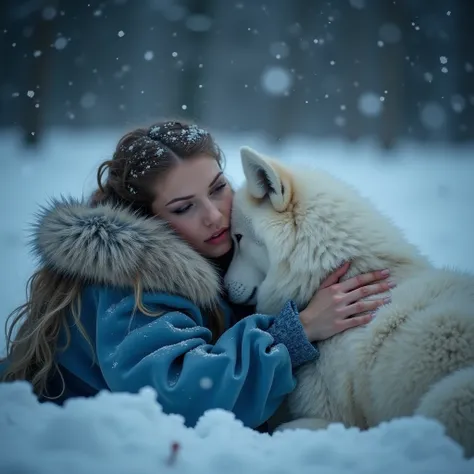   The woman lies in the snow and hugs a white wolf , Its evening, and the fire warms her ,   she wears a blue and white dress with plus size faux fur  , In a snowstorm , style,style Фэнтези , medieval style    (  masterpiece in high definition realistic  )...