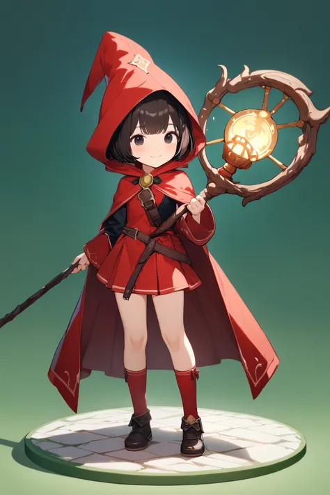 (green background:1.3), No wind, character sprite, Break, 
1 girl, (cute face), Intelligent Look, light smile, , petite, 150 cm tall,, Standing, feet out of frame, (black short hair, blunt ends), black eyes, (small breasts:0.5), slim, (deep red Mage Outfit...