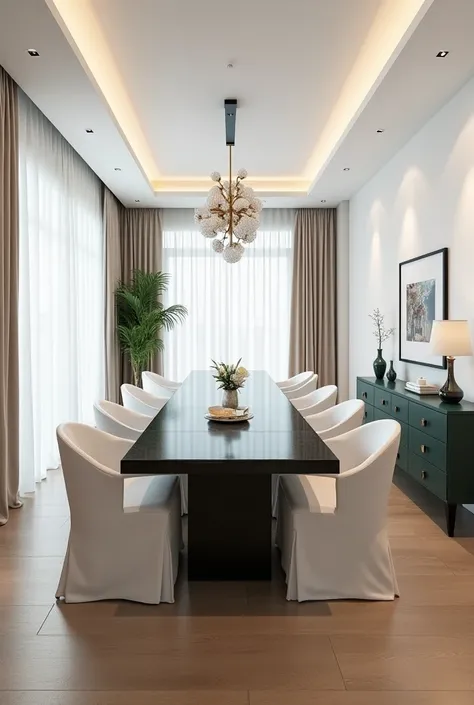 PROFESSIONAL ARCHITECTURAL 3D RENDERING   Modern and minimal and high tech design OF THE DINING ROOM DESIGN WITH A STONE TABLE IN BLACK AND 8 CHAIRS WITH  Modern and Elegant WHITE VELVET COVER AND WOODEN PLANK LAMINATE FLOORING AND MODERN WINDOWS AND BEAUT...