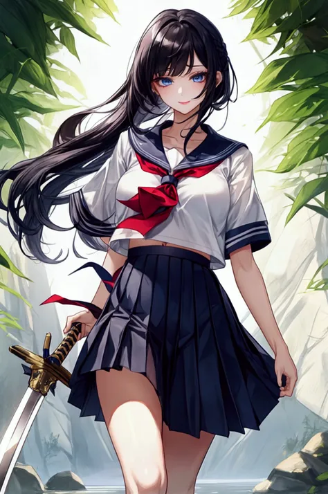 最 high image quality, masterpiece, 4K,  high image quality,  super high resolution,  of the prairie , CG drawing（ one cool adult female swordsman ） Hair、 black hair、Hairstyle、 straight、Bob。 Bangs、 side bangs 、I am。 Tall、 slender 、（Sexually、Attractive body）...