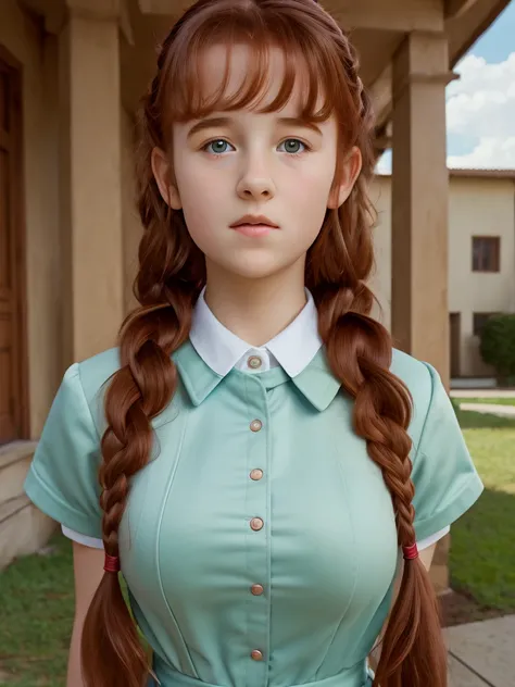 (best quality,4k,8k,highres,masterpiece:1.2),ultra-detailed,(realistic,photorealistic,photo-realistic:1.37), ((a school girl wearing catholic uniform, solo, shy)), ((very large bust size for her young age)), braided red hair, pale skin