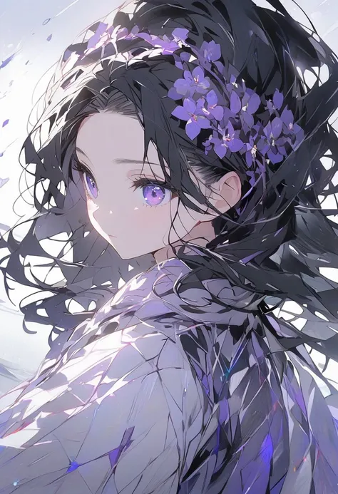 Alone, 1 girl,black hair,purple Eyes,long Hair, Long Sleeve, Clean