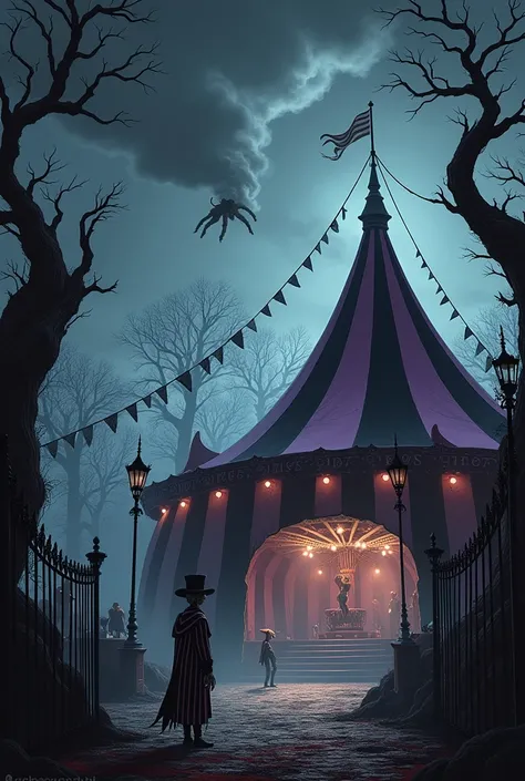 A dark and whimsical gothic circus set in the distinctively eerie style of Tim Burton. The circus grounds are surrounded by crooked iron gates and silhouetted against a starless, swirling sky. The big top tent is an asymmetrical, jagged structure striped i...