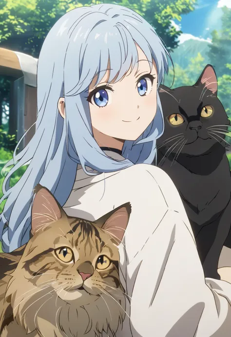  1 girl ,  long hair,  looks back ,  smiles,  blue eyes,  high definition , Blue Hair/ light blue hair,  black hair,  blue eyes,  anime style, White cat、Black Cat、Brown tabby、 Maine Coon、 Norwegian Forest Cat、