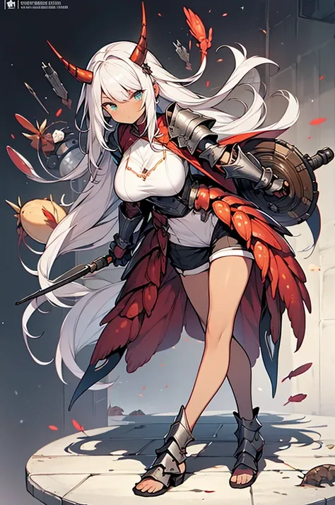 White Legion (Horseshoe Crab and Shrimp) Girl, 1 lady, Silver hair, long hair, bangs parted in center, (dark skin), big breasts, jitome, Shrimps single blade horn and tail fin, 10 armored horseshoe crab leg claws (armor), Mechanical Shrimps large clawed ar...