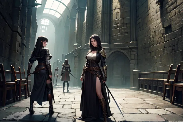 a swordswoman, a rogue, a cleric, exploring a fantasy dungeon, dark, gothic, 3 girls, detailed facial features, highly detailed characters, dynamic poses, dramatic lighting, dramatic shadows, moody atmosphere, cinematic composition, intricate details, medi...