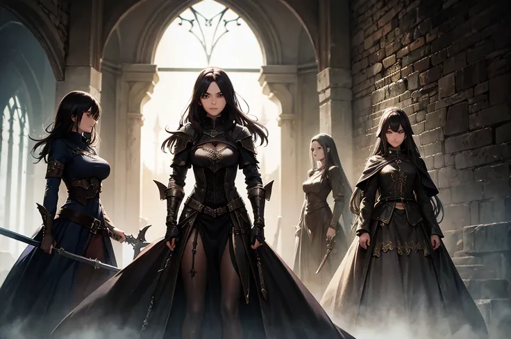 a swordswoman, a rogue, a cleric, exploring a fantasy dungeon, dark, gothic, 3 girls, detailed facial features, highly detailed characters, dynamic poses, dramatic lighting, dramatic shadows, moody atmosphere, cinematic composition, intricate details, medi...