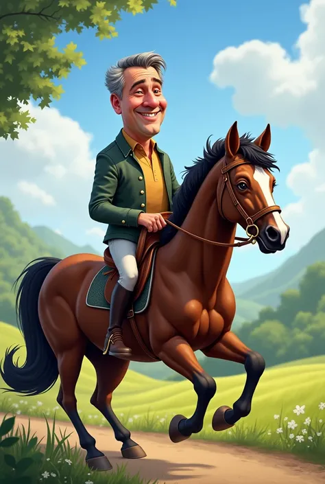 Can you create a caricature of a man around his 50s on a dark brown horse? Make the horse nice and beautiful and fully visible. For the background add a beautiful nature. Thank you