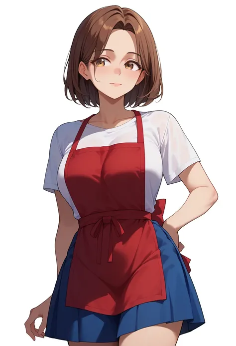  score_9,  score_8_up,  score_7_up, brown hair, brown eyes、Milf、 white t-shirt 、 red apron、 simple white background 、 kind smiles、 blue skirt、 cowboy shot、 is standing、