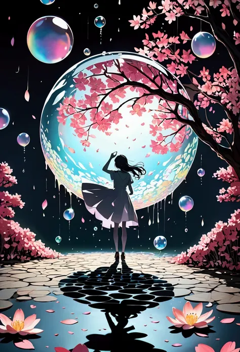 A cross-fade of two images, one of lily and cherry blossom petals created through a fusion of paper cutting and shadow art, the other of iridescent soap bubbles raining from the sky and gushing out of the ground, bold and dynamic, contrasts of light and sh...