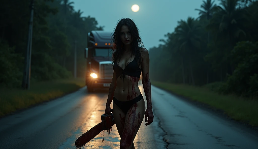 A hyper-realistic and suspenseful depiction of a desolate Brazilian highway at night, with the scene shrouded in a dark, ominous atmosphere. The road is cracked and uneven, surrounded by dense vegetation typical of the Brazilian countryside, and illuminate...