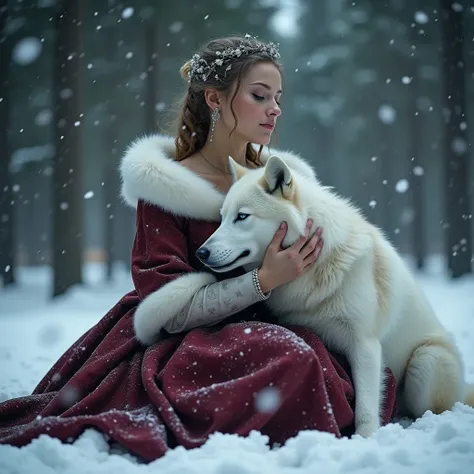  A woman is sitting in the snow and hugging a white wolf , Spruce forest , Its evening, and the fire warms her ,   she wears a burgundy and white dress with fluffy white fur in large size  , In a snowstorm , style, style Фэнтези , medieval style    (  mast...