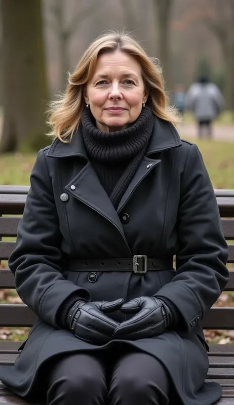 A 36-year-old woman sitting on a park bench, wearing a long coat and gloves.