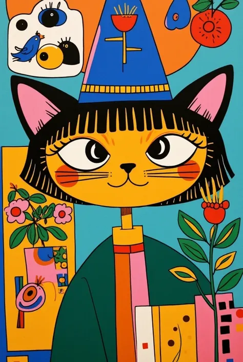 pretty illustration of cat, bright rustic palette, in the style of bold block prints, alice pattullo, Laurie hastings, claire halifax, soft, fauvist color explosions, miniature and small, paintings, stenciled iconography