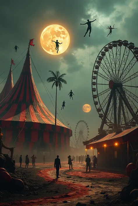 A surreal gothic circus sprawling across a desolate landscape, defying the laws of reality. The big top tent floats slightly off the ground, its fabric undulating as if alive, with patterns of black, crimson, and silver spiraling endlessly across its surfa...