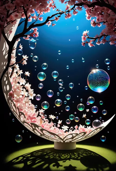 A cross-fade of two images, one of lily and cherry blossom petals created through a fusion of paper cutting and shadow art, the other of iridescent soap bubbles raining from the sky and gushing out of the ground, bold and dynamic, contrasts of light and sh...