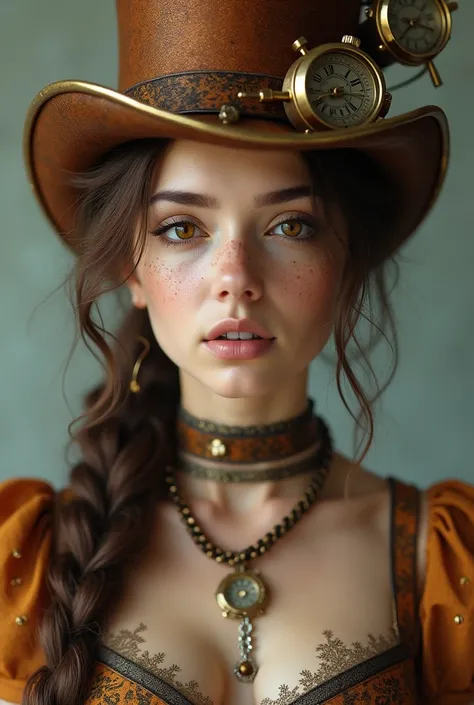 White young hyperrealistic woman, with brown hair, freckles on her face, amber-colored eyes, wearing a steampunk copper-colored dress, with a top hat.