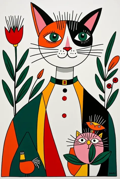 pretty illustration of cat, bright rustic palette, in the style of bold block prints, alice pattullo, Laurie hastings, claire halifax, soft, fauvist color explosions, miniature and small, paintings, stenciled iconography