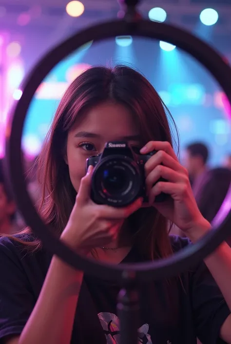 Girl taking pictures of herself mirroring circular mirror girl background at concert