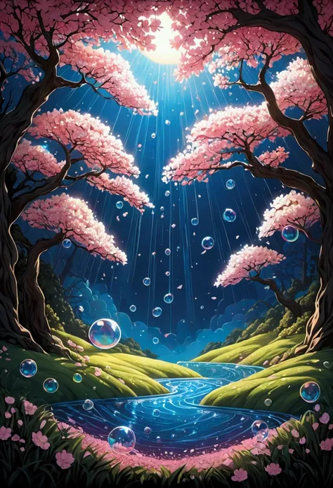 A cross-fade of two images, one of lily and cherry blossom petals created through a fusion of paper cutting and shadow art, the other of iridescent soap bubbles raining from the sky and gushing out of the ground, bold and dynamic, contrasts of light and sh...