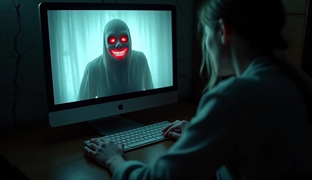 "A dark, eerie room lit by the pale glow of a computer monitor. On the screen is a ghostly figure with glowing red eyes and a wide, sinister grin. The background is blurred to emphasize the figure, but faint details like cracked walls and a static-like haz...