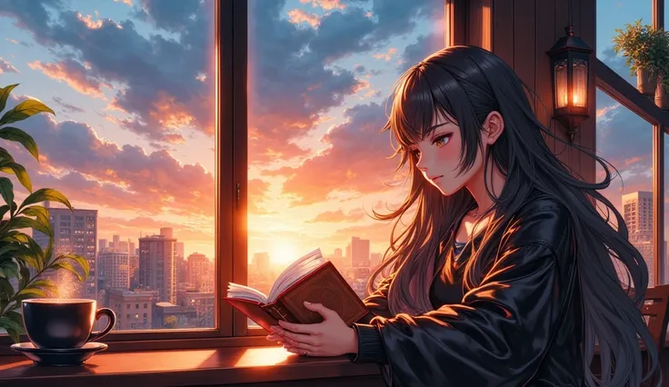 masterpiece, best quality, ultra-detailed, 8k, HDR, (anime style:1.2), (soft lighting:1.3), 

A cozy cafe scene at sunset, featuring a peaceful young woman with long flowing hair sitting by a large window. Shes reading a book with a gentle smile, lost in t...